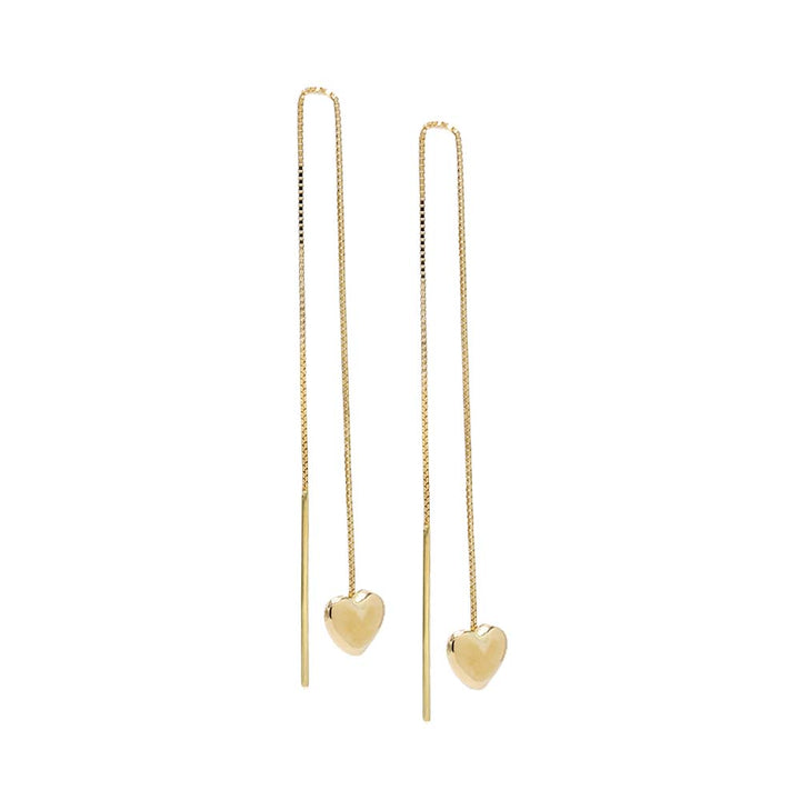 14K Gold Mini Puffy Heart Threader Earring 14K - Adina Eden's Jewels