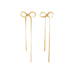 Gold Herringbone Bow Tie Long Drop Stud Earring - Adina Eden's Jewels