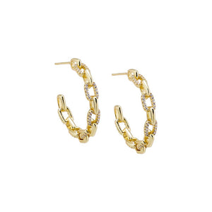 Gold / 32 MM Solid/Pave Boxed Chain Hoop Earring - Adina Eden's Jewels