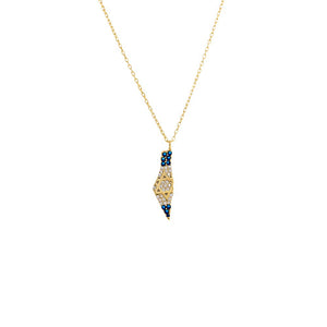 Pave CZ X Sapphire Blue Map Of Israel Necklace
