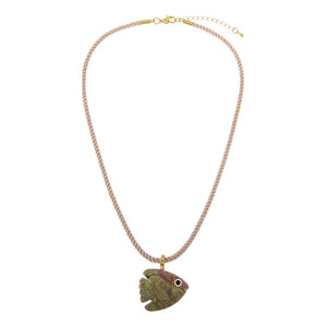 Multi-Color Unakite Stone Carved Fish Cotton Rope Necklace - Adina Eden's Jewels