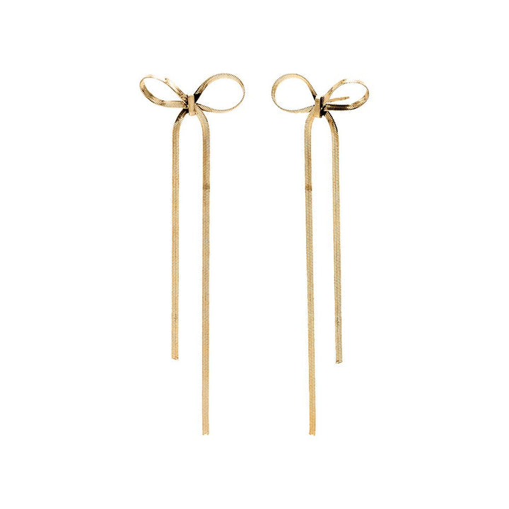 Gold Herringbone Bow Tie Long Drop Stud Earring - Adina Eden's Jewels