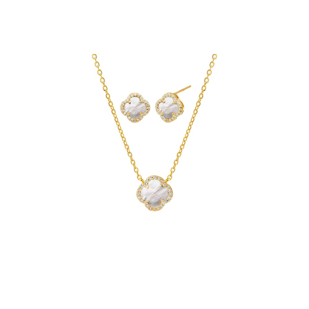 Mother Of Pearl Mini Pave Colored Stone Clover Necklace & Earring Combo Set - Adina Eden's Jewels