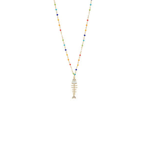 Pave/MOP Fishbone with Rainbow Extra Long Beaded Chain Necklace