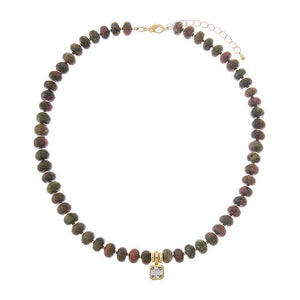 Multi-Color Unakite Natural Beaded Stone CZ Assher Bezel Drop Charm Necklace - Adina Eden's Jewels
