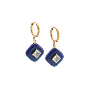 Lapis Square Charm Bezel Drop Huggie Earrings - Adina Eden's Jewels