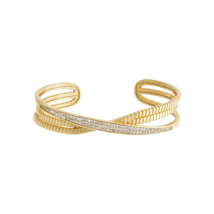 Gold Pave Bar Accented Triple Overlap Open Bangle Bracelet - Adina Eden's Jewels