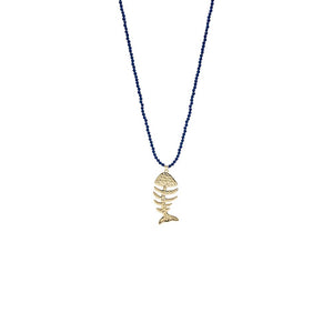 Gold Gold Fish Bone / Navy Blue Beaded Pendant Necklace - Adina Eden's Jewels