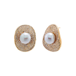 Gold Pave Twisted Pearl On The Ear Stud Earring - Adina Eden's Jewels