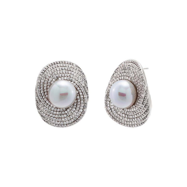 Silver Pave Twisted Pearl On The Ear Stud Earring - Adina Eden's Jewels
