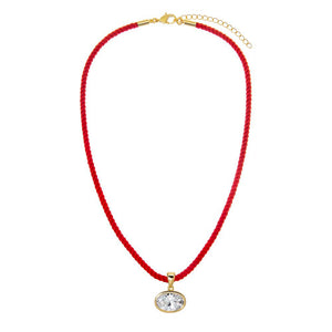 CZ Oval Bezel Charm & Colored Twisted Cotton Rope Necklace