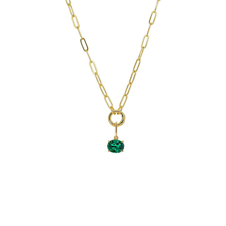 Colored CZ Oval Charm & Paperclip Clicker Toggle Link Necklace