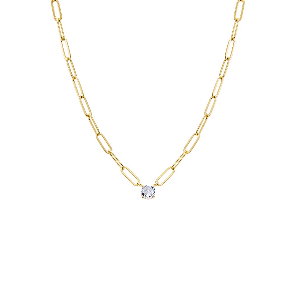 Gold CZ Solitaire Four Prong Paperclip Necklace - Adina Eden's Jewels