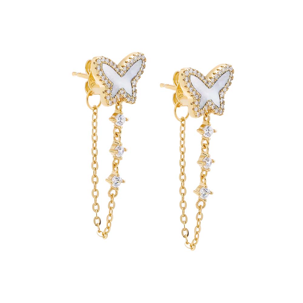 Mother of Pearl Pave Colored Stone Butterfly Drop Chain Stud Earring - Adina Eden's Jewels