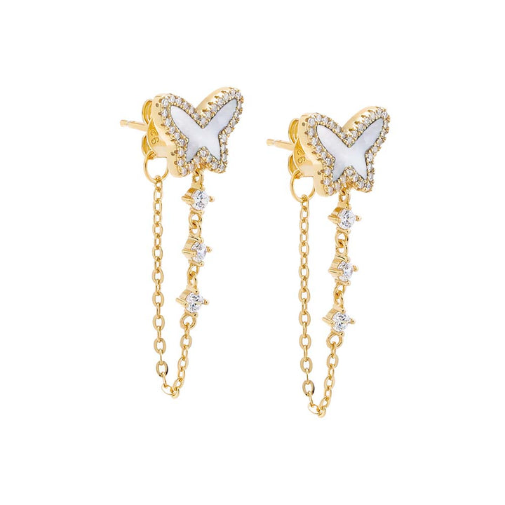 Mother of Pearl Pave Colored Stone Butterfly Drop Chain Stud Earring - Adina Eden's Jewels