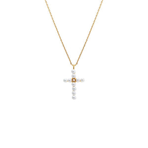 Gold Pearl X CZ Cross Pendant Necklace - Adina Eden's Jewels