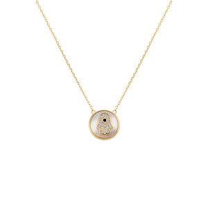 Mother of Pearl Pavé Colored Hamsa Disc Necklace - Adina Eden's Jewels