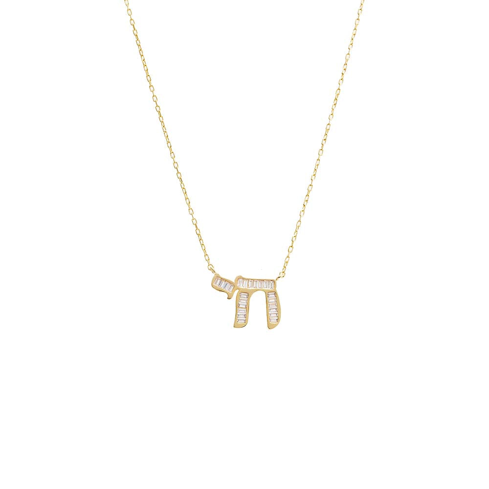 Gold Baguette Chai Pendant Necklace - Adina Eden's Jewels