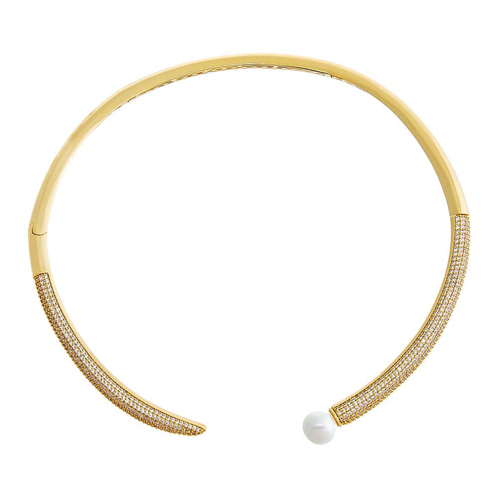 Gold Pave X Pearl Open Collar Choker Necklace - Adina Eden's Jewels