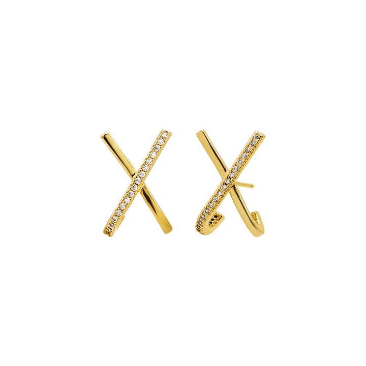 Gold Solid/Pave X On The Ear Stud Earring - Adina Eden's Jewels