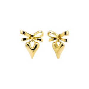 Gold Bow Tie X Puffy Heart Drop Stud Earring - Adina Eden's Jewels