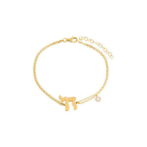 Gold Solid Chai X Dangling CZ Bezel Bracelet - Adina Eden's Jewels