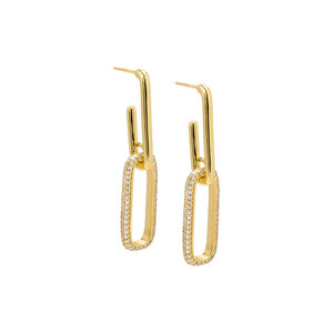 Gold Solid/Pavé Double Link Drop Stud Earring - Adina Eden's Jewels