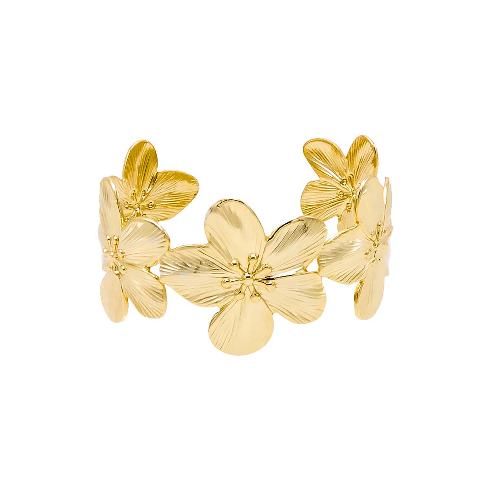 Gold Ridged Flowers Cuff Bangle Bracelet - Adina Eden's Jewels