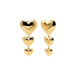 Gold Solid Triple Graduated Heart Drop Stud Earring - Adina Eden's Jewels