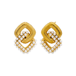 Gold Pearl Accented Ridged Drop Stud Earring - Adina Eden's Jewels