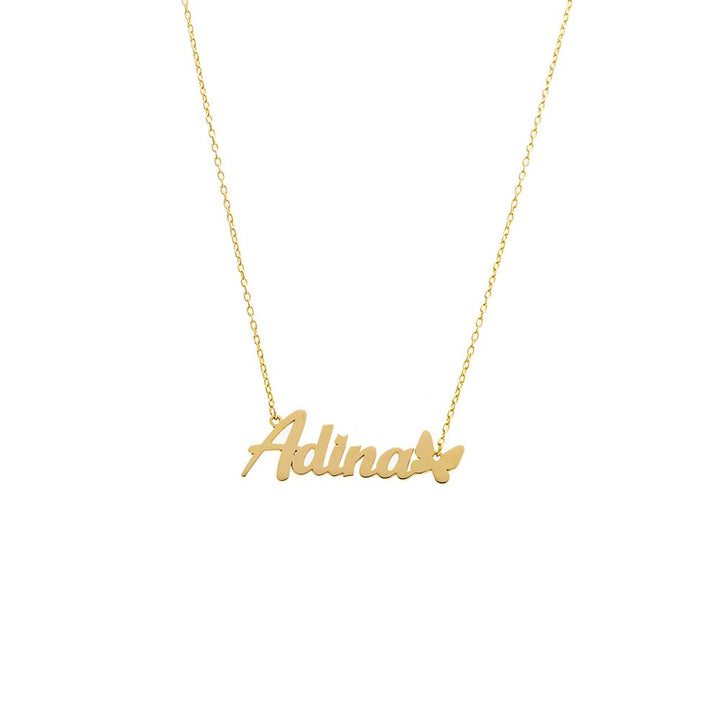 Gold Solid Butterfly Script Nameplate Necklace - Adina Eden's Jewels