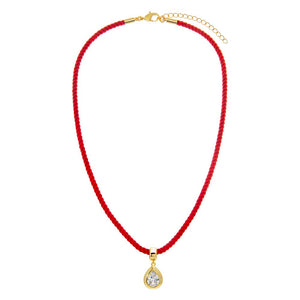 Colored CZ Pear Bezel Pendant & Twisted Cotton Rope Necklace