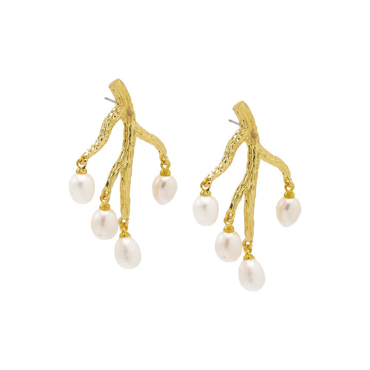 Gold Brushed Leaf Branch X Dangling Pearl Stud Earring - Adina Eden's Jewels
