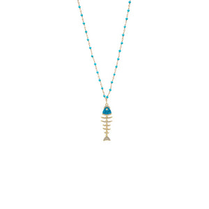 Turquoise Pave/Turquoise Fishbone Extra Long Chain Pendant Necklace - Adina Eden's Jewels
