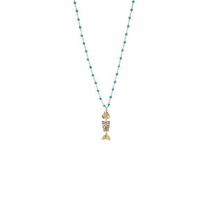 Rainbow Fishbone With Turquoise Beaded Pendant Necklace