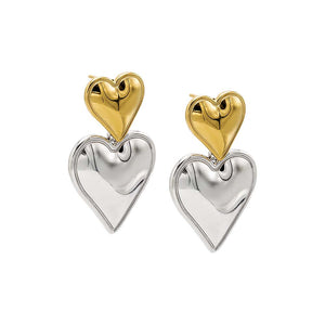 Gold Two Tone Double Heart Drop Stud Earring - Adina Eden's Jewels