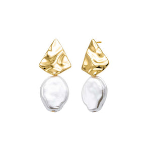 Pearl White Textured Gold X Baroque Pearl Drop Stud Earring - Adina Eden's Jewels