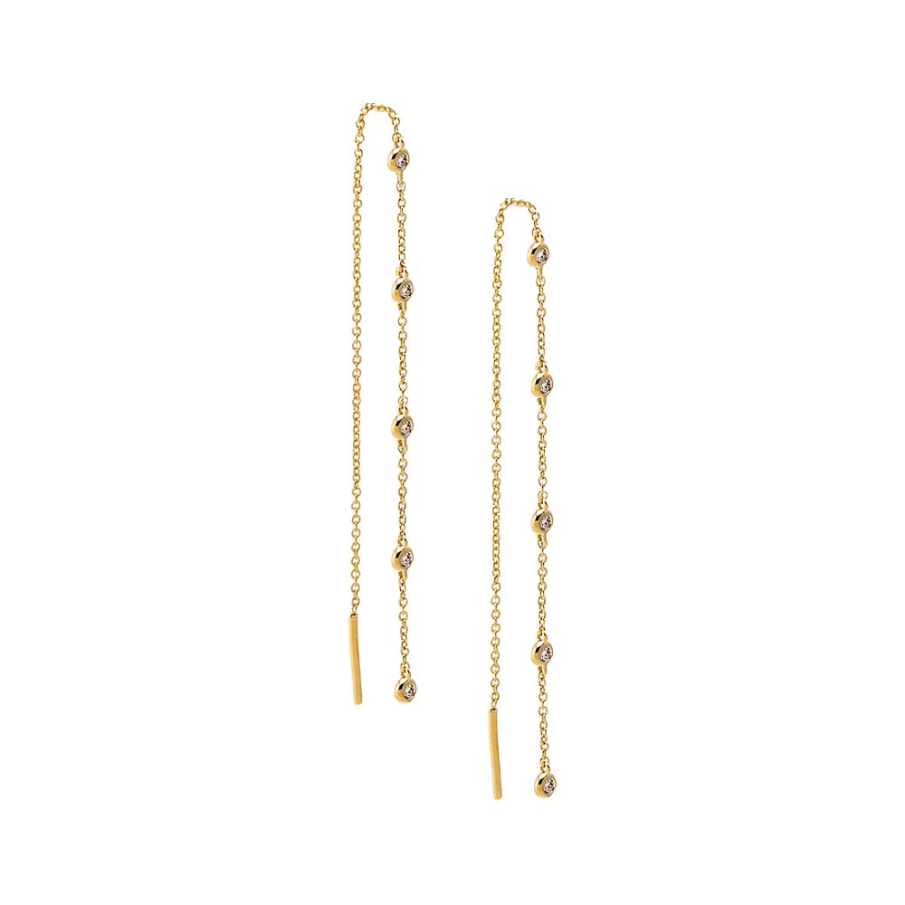 14K Gold Diamond By The Yard Bezel Drop Threader Earring 14K - Adina Eden's Jewels