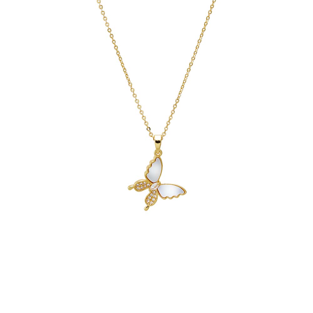 Gold Pave & Mother Of Pearl Sideway Butterfly Pendant Necklace - Adina Eden's Jewels