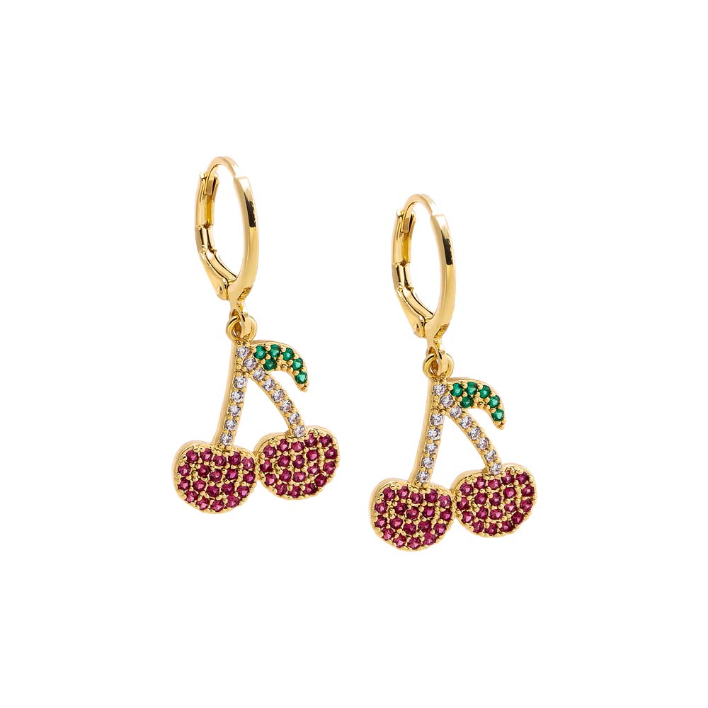 Red Colored Pave Dangling Cherry Huggie Earring - Adina Eden's Jewels