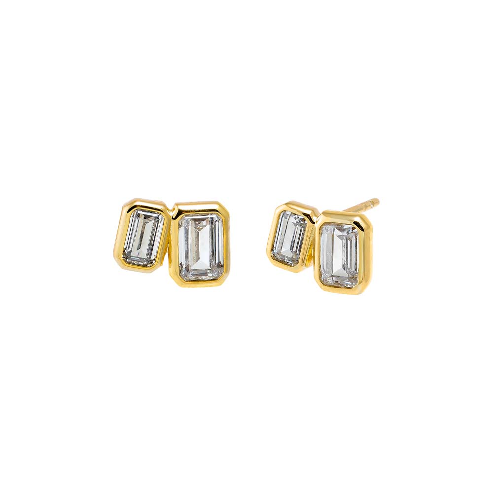 Gold CZ Bezel Double Emerald Stud Earring - Adina Eden's Jewels