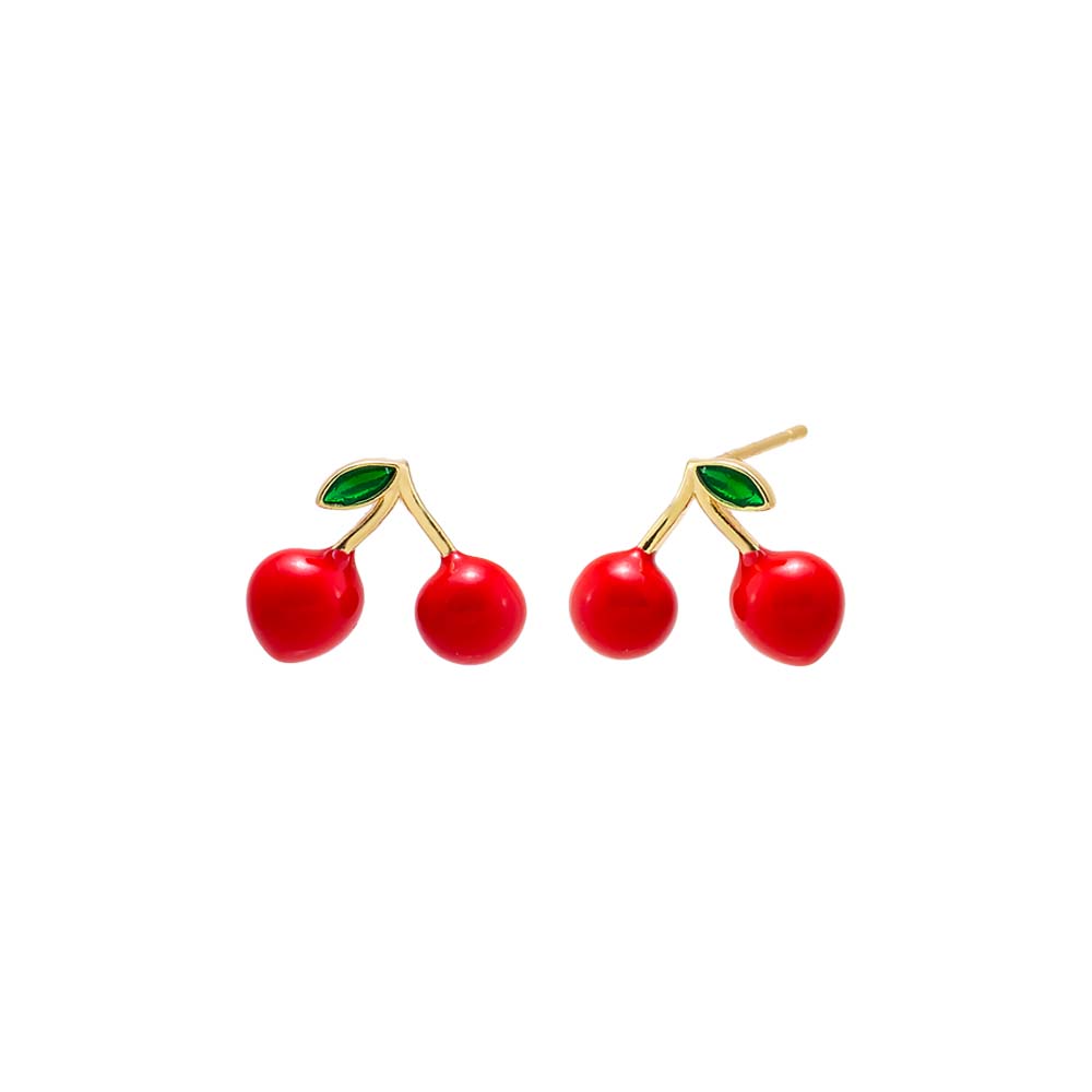 Red Red Enamel & Green CZ Cherry Stud Earring - Adina Eden's Jewels
