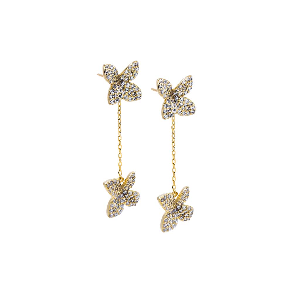 Gold CZ Dangling Chain Flower Earring - Adina Eden's Jewels