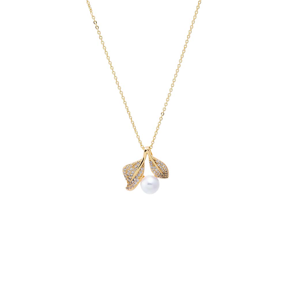 Gold Pearl & Pave Leaf Charm Necklace - Adina Eden's Jewels