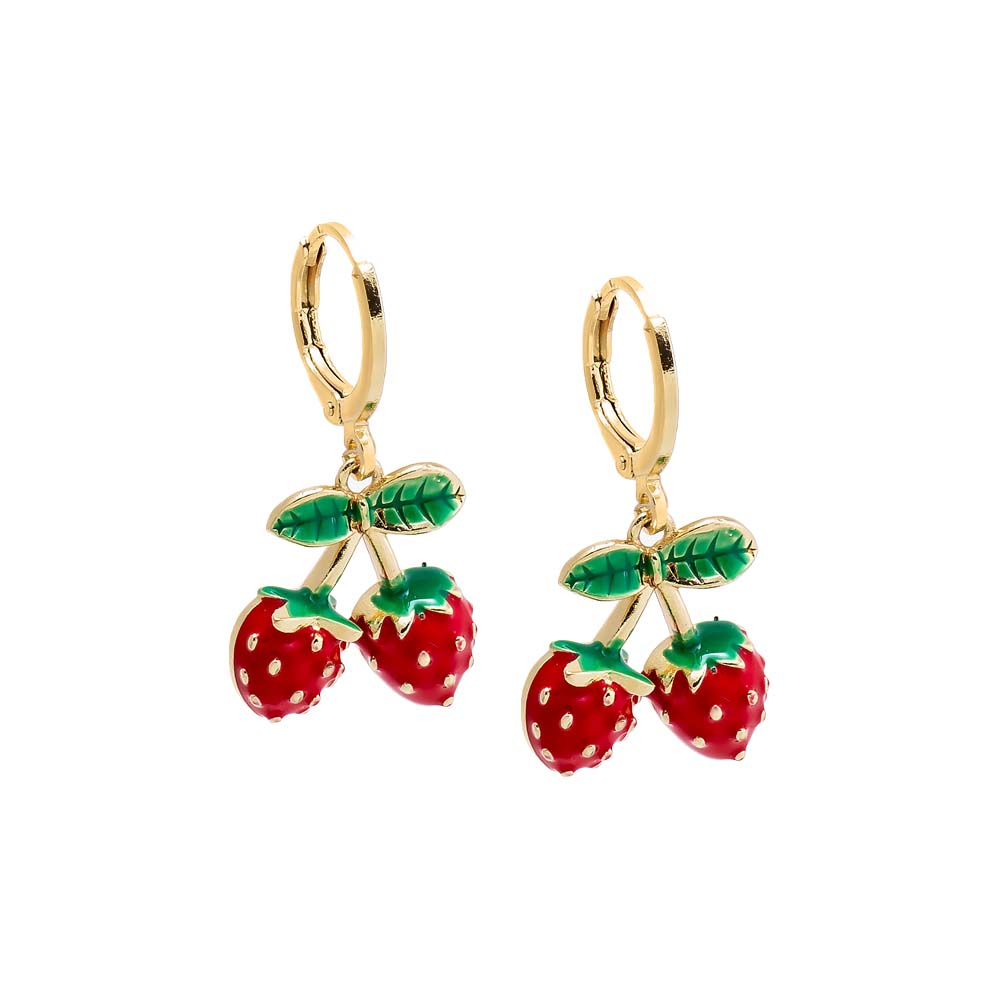 Red Colored Enamel Dangling Double Strawberry Huggie Earring - Adina Eden's Jewels