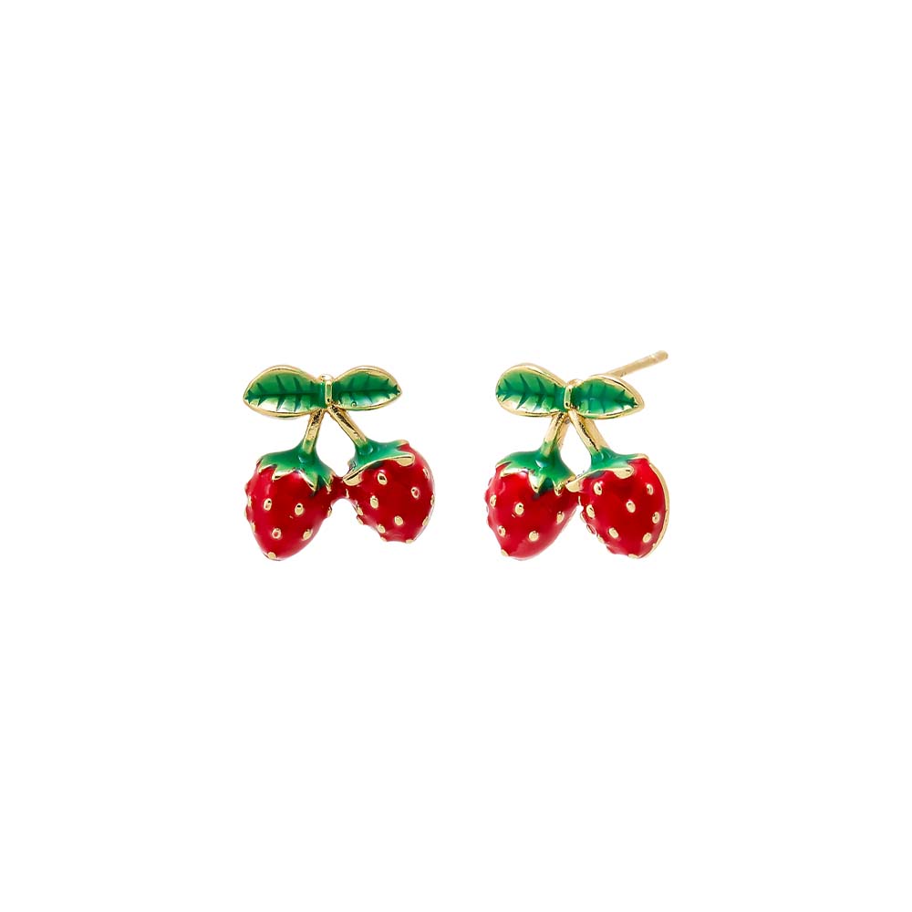 Red Red & Green Enamel Double Strawberry Stud Earring - Adina Eden's Jewels