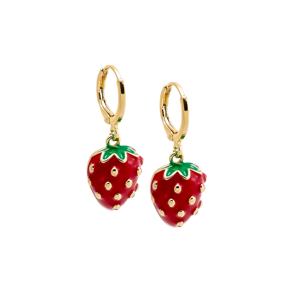 Red Red & Green Enamel Dangling Strawberry Huggie Earring - Adina Eden's Jewels
