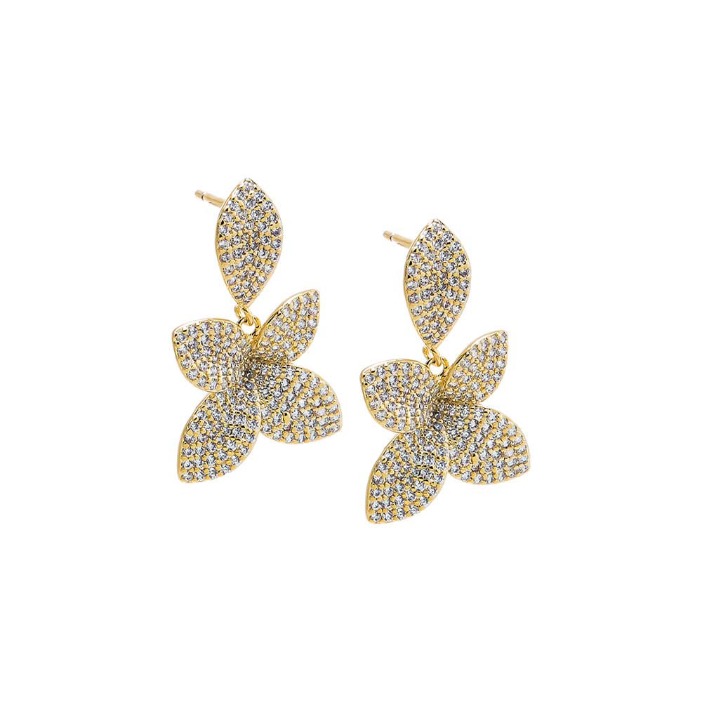 Gold CZ Double Pavé Flower Drop Earring - Adina Eden's Jewels