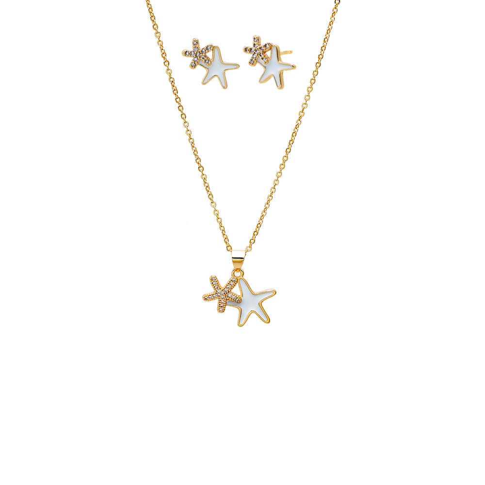 Mother of Pearl Enamel Double Starfish Earring & Necklace Combo Set - Adina Eden's Jewels