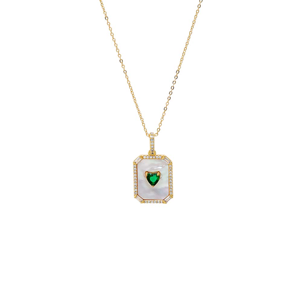 Emerald Green Colored Heart CZ & Mother Of Pearl Dog Tag Necklace - Adina Eden's Jewels